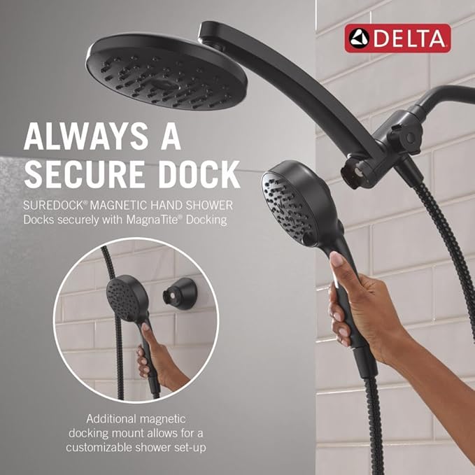 Delta 6-Setting PivotPro 3-in-1 Combination Shower Head with ProClean Spray, Matte Black Round Shower Head Rainfall with Handheld Spray, 1.75 GPM, Matte Black 75648BL