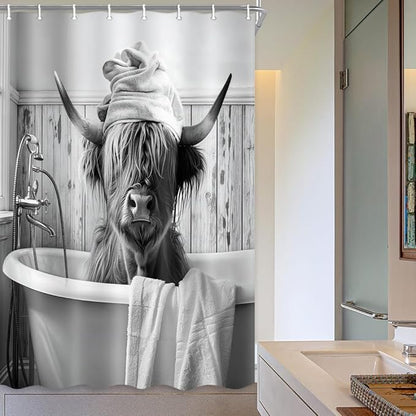 Highland Cow Shower Curtain, Funny Black & White Cow in Bathtub with Towel Rustic Bathroom Decor, Waterproof Washable Polyester Fabric, with Hooks for Farmhouse Bathroom Decorations, 72X72inch