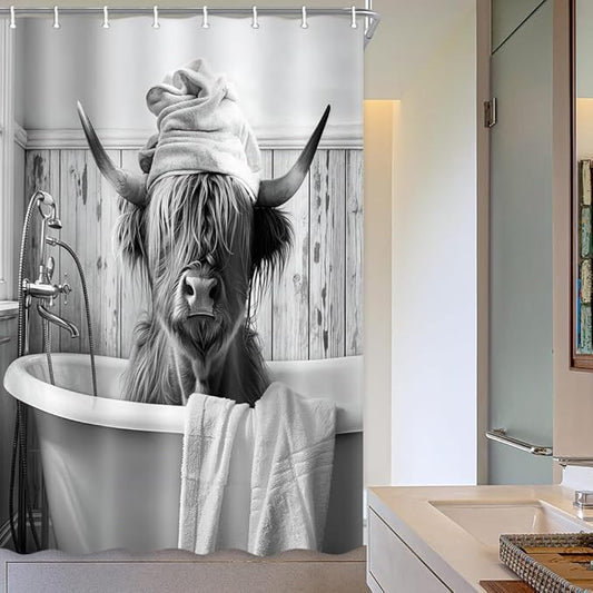 Highland Cow Shower Curtain, Funny Black & White Cow in Bathtub with Towel Rustic Bathroom Decor, Waterproof Washable Polyester Fabric, with Hooks for Farmhouse Bathroom Decorations 60X72inch.