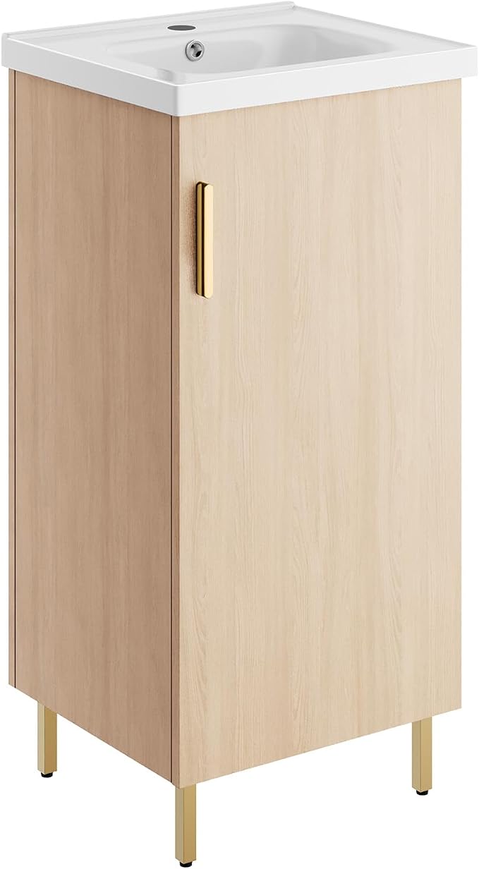 Pre-Assembled 16 Inch Small Bathroom Vanity, Freestanding Oak Bathroom Cabinet with Ceramic Sink, Soft-Close Door, No Faucet,BV05-16-OAK-JH