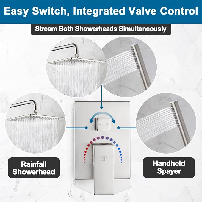 Shower Faucet Set Brushed Nickel Rainfall 10 Inch Shower Head and Handle Set Bathroom Rain Shower System Wall Mounted Shower Fixture Include Shower Valve and Trim Kit