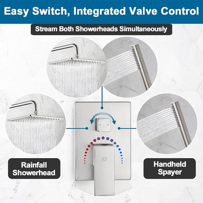 Shower Faucet Set Brushed Nickel Rainfall 10 Inch Shower Head and Handle Set Bathroom Rain Shower System Wall Mounted Shower Fixture Include Shower Valve and Trim Kit