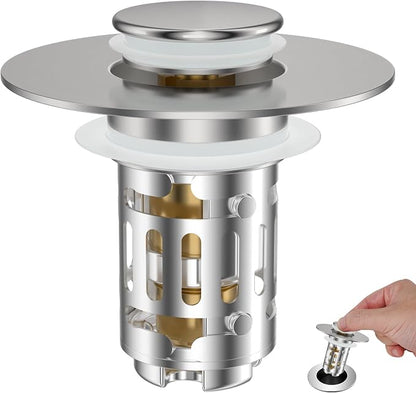 Hibbent Universal Bathroom Sink Drain Strainer, Upgraded 3 in 1 Pop Up Stopper, Removable Stainless Steel Filter Basket, Brass Bullet Core, Hair Catcher Sink Plug for 1.1''~2.36'' Hole, Brushed Nickel