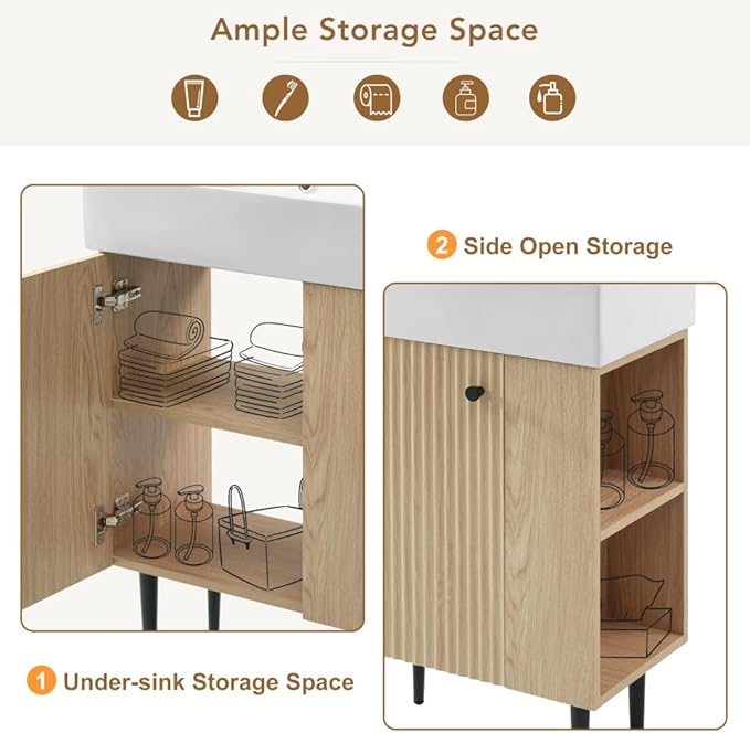 22" Small Bathroom Vanity with Sink, Morden Bathroom Vanities with Soft-Close Door and Open Shelf, Freestanding Narrow Vanity for Compact Space-Saving Bathrooms (Wood,22" Freestanding Right Shelf)