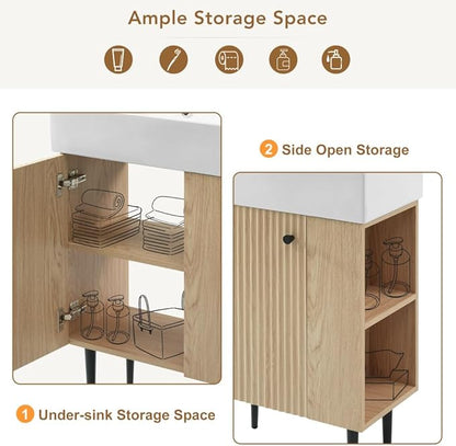 22" Small Bathroom Vanity with Sink, Morden Bathroom Vanities with Soft-Close Door and Open Shelf, Freestanding Narrow Vanity for Compact Space-Saving Bathrooms (Wood,22" Freestanding Right Shelf)