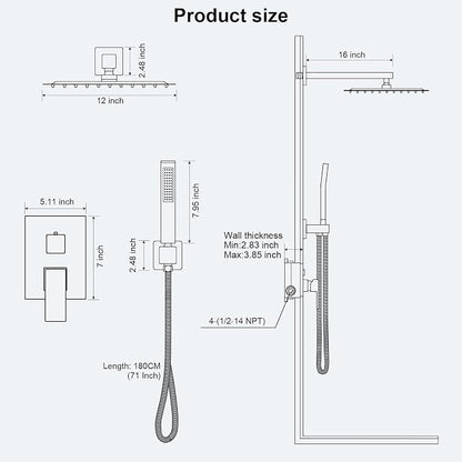 FPXRNG Shower Faucet Set Rainfall Shower System with Square Shower Head and Handle Set Rough-in Valve and Metal Trim Kit Included Matte Black 12 Inch Wall Mounted Shower Fixtures