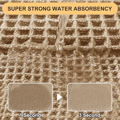 Upgrade Waffle Bath Mat, Boho Bathroom Rugs Absorbent Non Slip, Ultra Soft Bathroom Mat, Machine Washable Knit Bath Rugs with Tassels for Bathroom, Bedroom, Kitchen, Shower, Tub, Beige, 36"x24"