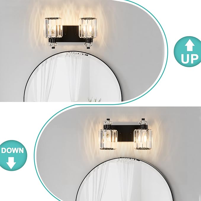 Black Bathroom Light Fixtures with K9 Crystal Lampshade Bathroom Lighting Over Mirror Vanity Lights for Living Room,Bedroom,Restroom,Hallway 2 Lights