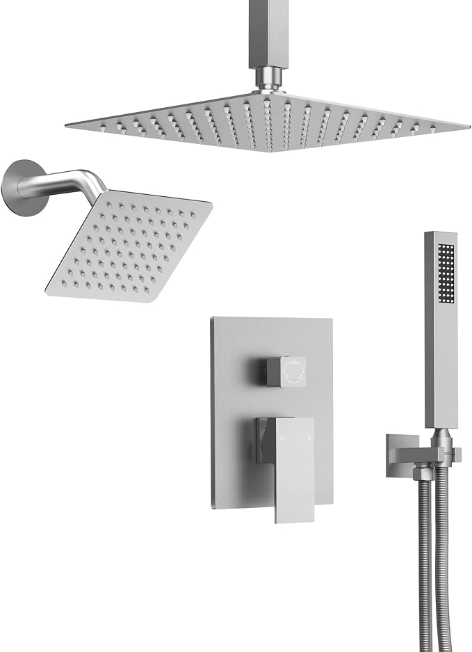 10" High-Pressure Rainfall Shower Faucet, Celling Mount Dual Shower Head System, Brushed Nickel