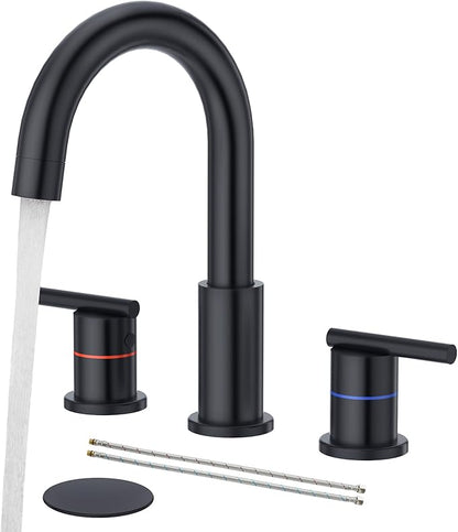 Faustina Black Bathroom Faucets,8 Inch Widespread Bathroom Faucet for Sink 3 Hole,Bathroom Faucet with Pop Up Drain,cUPC Water Supply Line,2-Handles Stainless Steel Vessel Sink Faucet Basin Mixer Tap