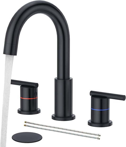 Faustina Black Bathroom Faucets,8 Inch Widespread Bathroom Faucet for Sink 3 Hole,Bathroom Faucet with Pop Up Drain,cUPC Water Supply Line,2-Handles Stainless Steel Vessel Sink Faucet Basin Mixer Tap