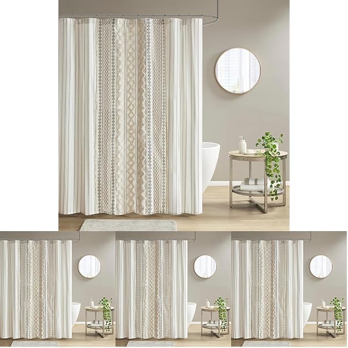 INK+IVY Imani Tufted Chenille 100% Cotton Shower Curtains Machine Washable, Modern Home Bathroom Décor Bathtub Privacy Screen, 72" W x 72" L, Ivory (Pack of 4)