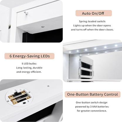 Over the Door Jewelry Organizer, Wall Mounted Jewelry Cabinet, Hanging Mirror with Storage Box, Wall/Door Mounted Full Length Mirror with LED