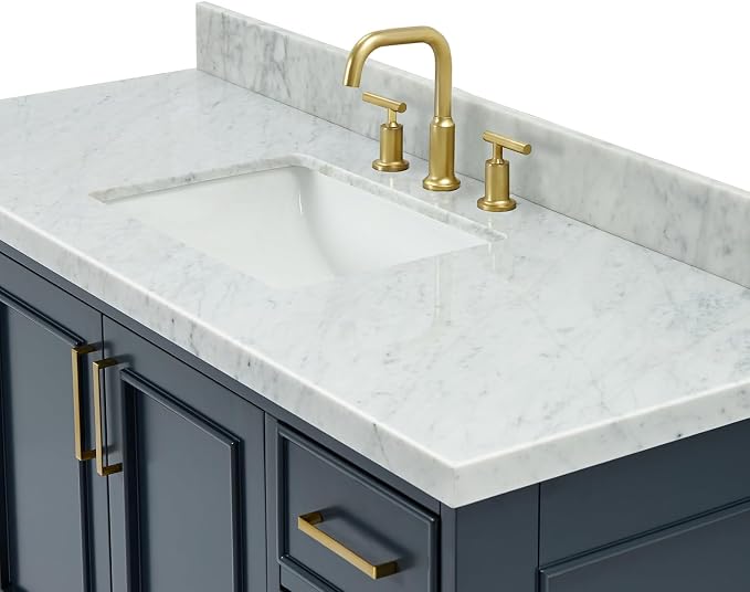 DKB Langford 54-inch Midnight Blue Bathroom Vanity with Center Rectangle Single Sink, Italian Carrara Marble Countertop & Backsplash, Solid Wood Frame, Soft-Closing & Dovetail Drawers
