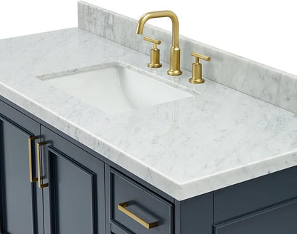 DKB Langford 54-inch Midnight Blue Bathroom Vanity with Center Rectangle Single Sink, Italian Carrara Marble Countertop & Backsplash, Solid Wood Frame, Soft-Closing & Dovetail Drawers