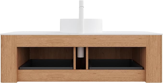 48" Bathroom Vanity with Sink, Floating Plywood Bathroom Vanities with Ultra-Thin Ceramic Basin and Marble Top, 2 Large Soft-Closing Storage Drawers, Pre-Assembled Cabinet, Nature Wood
