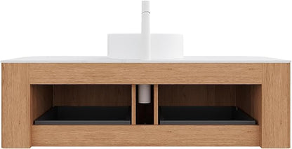 48" Bathroom Vanity with Sink, Floating Plywood Bathroom Vanities with Ultra-Thin Ceramic Basin and Marble Top, 2 Large Soft-Closing Storage Drawers, Pre-Assembled Cabinet, Nature Wood