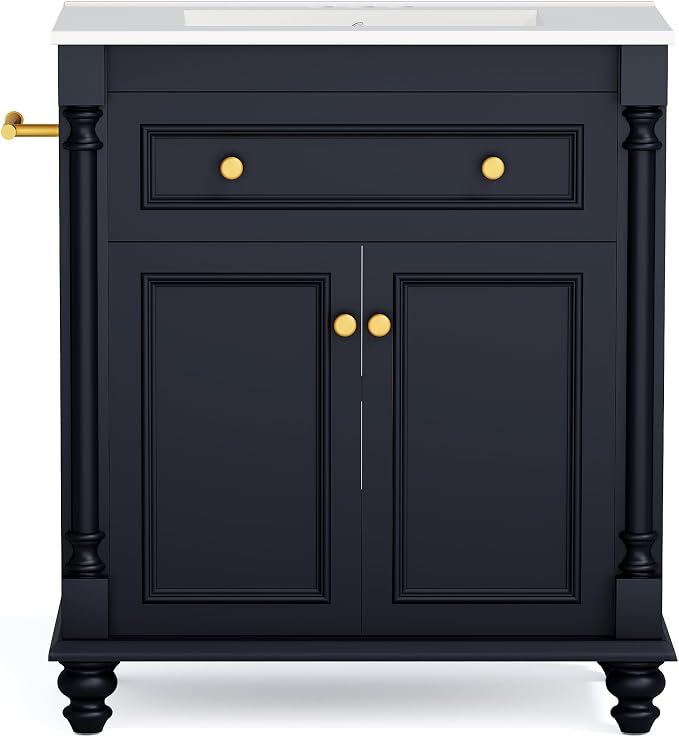 YESHOMY 30" Bathroom Vanity with Sink, Bathroom Storage Cabinet | Bathroom Vanity, Solid Wood, Integrated Ceramic Basin, 1 Flip-Down Drawer, 2 Doors & Adjustable Shelf, Dark Blue