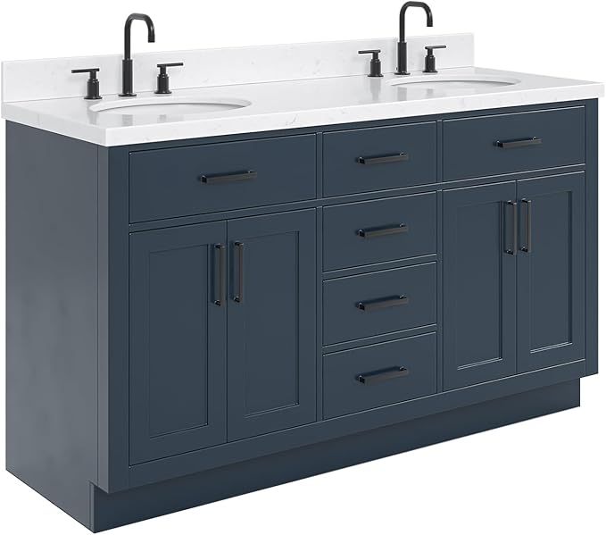 ARIEL Hepburn 72-inch Bathroom Vanity with Sink,Solid Wood, 1.5-inch Carrara White Quartz Countertop, Double Oval Porcelain Sink, 4 Soft Closing Doors, 6 Dovetail Drawers, Midnight Blue