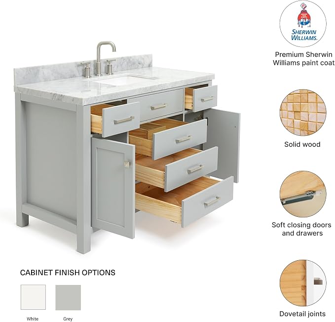 Alenza 48-Inch Grey Bathroom Vanity, 1.5-Inch Edge Italian Carrara Marble Countertop & Backsplash, Rectangular Sink, 2 Soft Closing Doors, 5 Dovetail Drawers, Polished Chrome Hardware