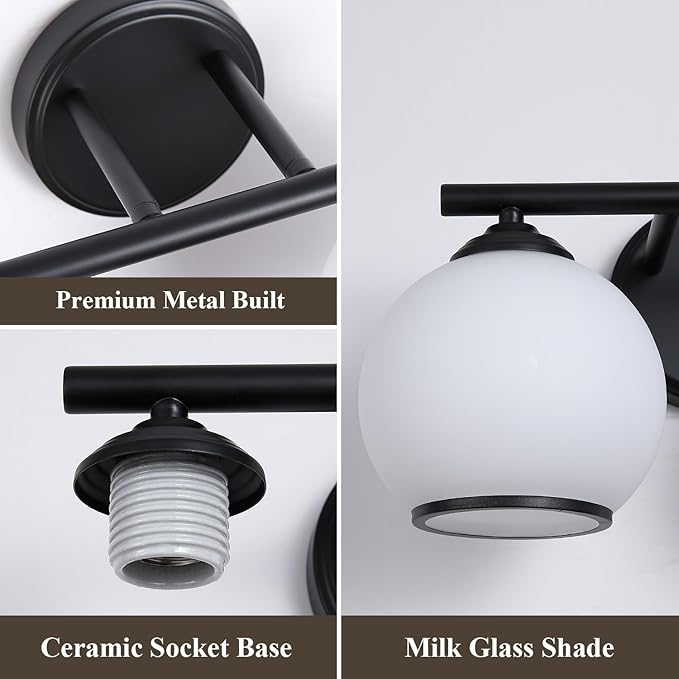 Milk Glass Bathroom Vanity Light Over Mirror, 2 Light Matte Black Bathroom Light Fixtures with Frosted Globe Glass Shade, Modern Vanity Lighting Wall Mounted