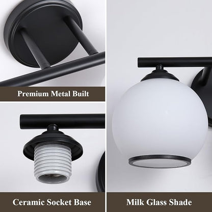 Milk Glass Bathroom Vanity Light Over Mirror, 2 Light Matte Black Bathroom Light Fixtures with Frosted Globe Glass Shade, Modern Vanity Lighting Wall Mounted