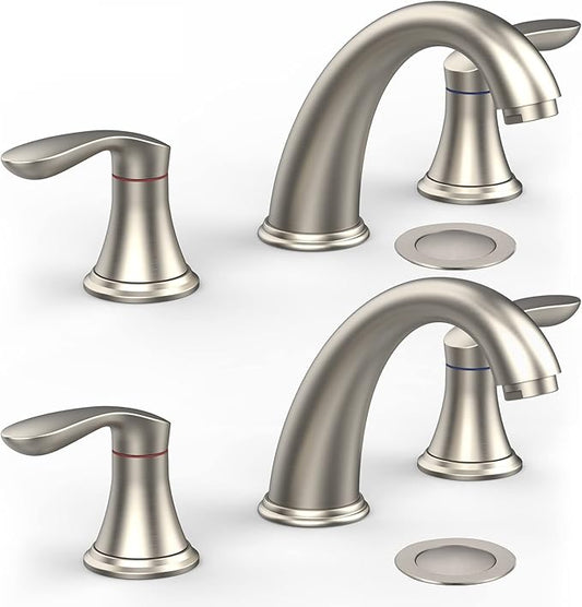 Bathroom Sink Faucet, Faucet for Bathroom Sink, Widespread Brushed Nickel Bathroom Faucet 3 Hole with Stainless Steel Pop Up Drain and cUPC Lead-Free Hose - (Brushed Nickel 2 Packs)