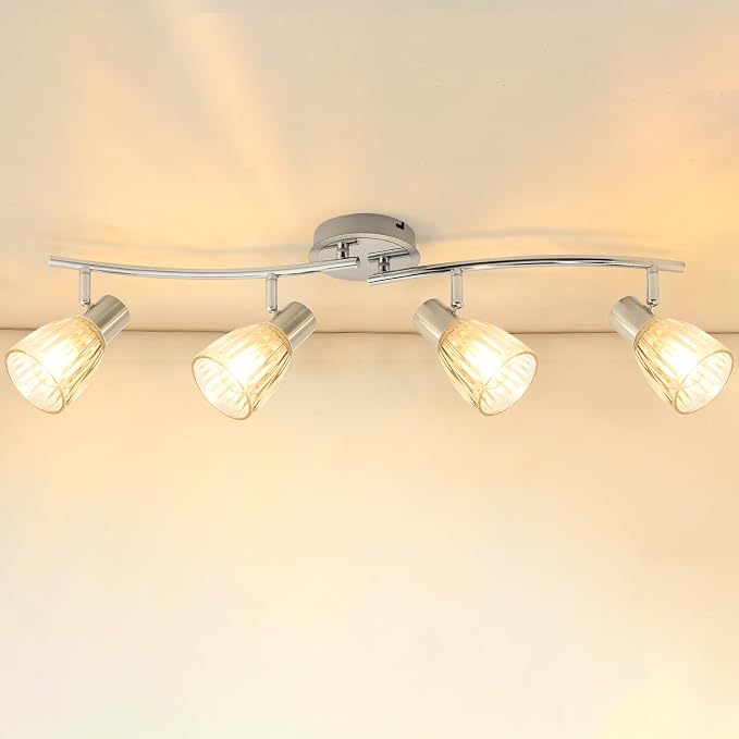 HiBay 4-Light Track Lighting Modern, Adjustable Ceiling Light Fixture | with Glass Shades, Metal Chrome Spotlight Indoor for Bathroom, Kitchen, Living Room, E12 Base, No Bulbs