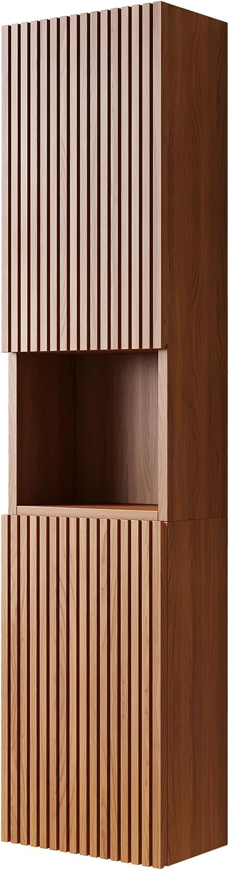 KEIKI Bathroom Wall Cabinet with Soft-Close Doors & Open Shelf, Brown Oak | Premium Wood Medicine Cabinet, Narrow Storage Cabinet for Bathroom Kitchen Laundry Room