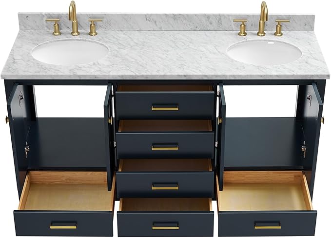 ARIEL Cambridge 66-inch Bathroom Vanity with Sink,Solid Wood, 0.75-inch Italian Carrara Marble Countertop, Double Oval Porcelain Sink, 4 Soft Closing Doors, 6 Dovetail Drawers, Midnight Blue