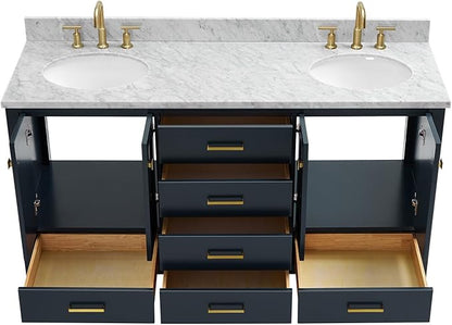 ARIEL Cambridge 66-inch Bathroom Vanity with Sink,Solid Wood, 0.75-inch Italian Carrara Marble Countertop, Double Oval Porcelain Sink, 4 Soft Closing Doors, 6 Dovetail Drawers, Midnight Blue