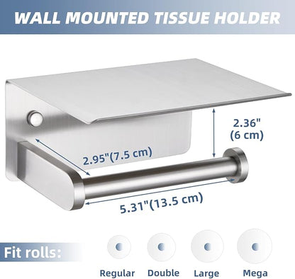 Toiler Paper Holder with Phone Shelf, Brushed Nickel, Wall Mounted | 304 Stainless Steel, Rust-resistant Tissue Holder for Bathroom Restroom Powder Room, Stable Paper Roll & Phone Storage