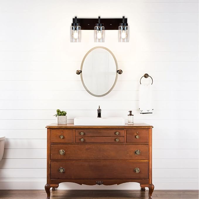 DLLT Wall Light Fixture, Vintage Bathroom Vanity Light with 3 Clear Glass Shade, Wall Sconces Lamp for Powder Room, Hallway, Kitchen, Mirror, Laundry Room (E26 Base)
