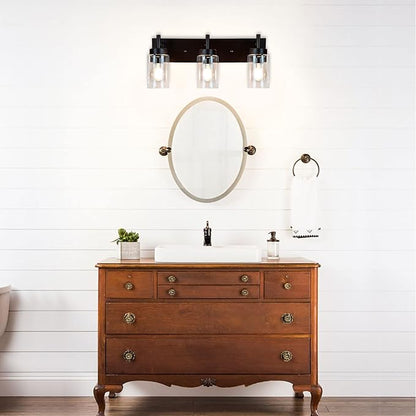 DLLT Wall Light Fixture, Vintage Bathroom Vanity Light with 3 Clear Glass Shade, Wall Sconces Lamp for Powder Room, Hallway, Kitchen, Mirror, Laundry Room (E26 Base)