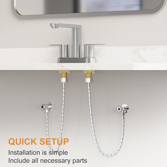 BWE Brushed Nickel Bathroom Faucets 4 in Centerset Faucet for Bathroom Sink | 2 or 3 Hole Basin 2-Handle 360° Swivel Spout Sink Faucet with Pop up Drain and Water Supply Hose for Farmhouse Vanity