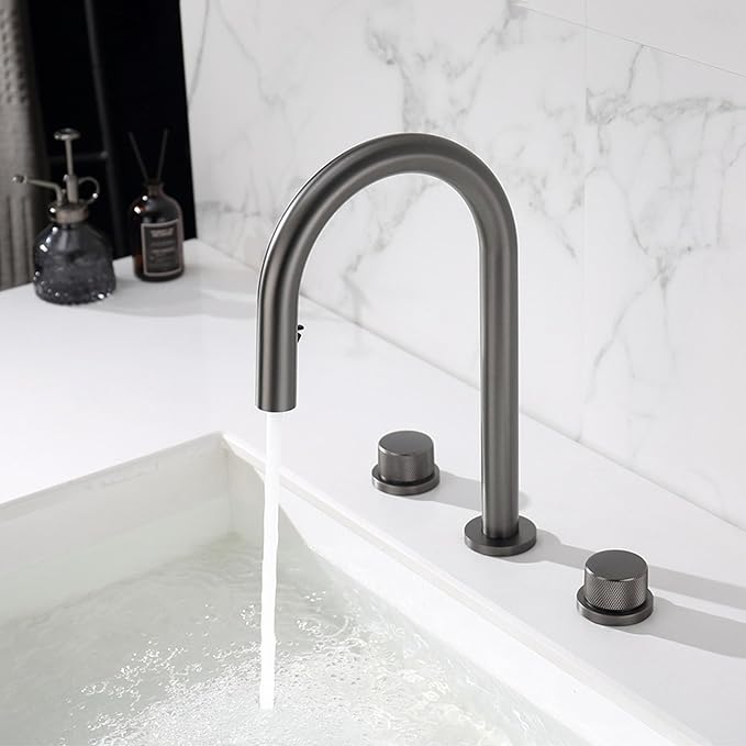 3 Hole Pull Out Faucet for Bathroom Sink Gooseneck Restroom Faucet Hot and Cold,Gun Gray