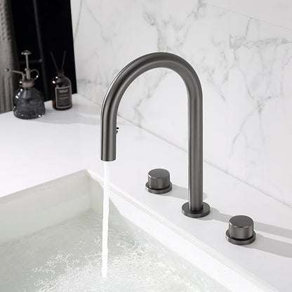 3 Hole Pull Out Faucet for Bathroom Sink Gooseneck Restroom Faucet Hot and Cold,Gun Gray