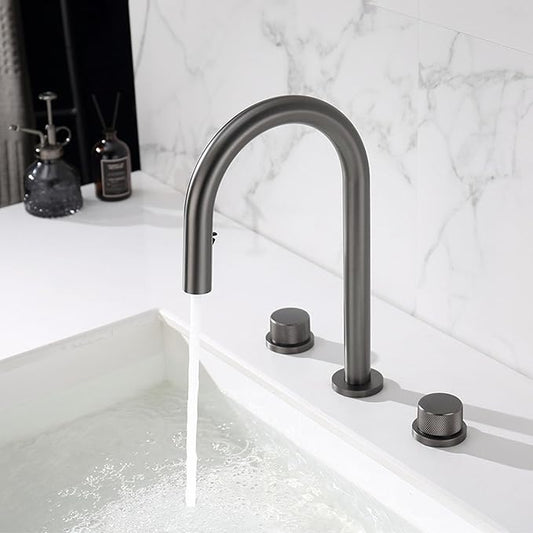 3 Hole Pull Out Faucet for Bathroom Sink Gooseneck Restroom Faucet Hot and Cold,Gun Gray