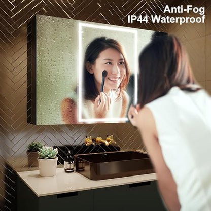 LED Lighted Bathroom Medicine Mirror Cabinet with Sockets & USBs, Anti-Fog Dimmable Light and Color Adjustment, Easy to Install Aluminum Cabinet (40 * 28 Three-Door)