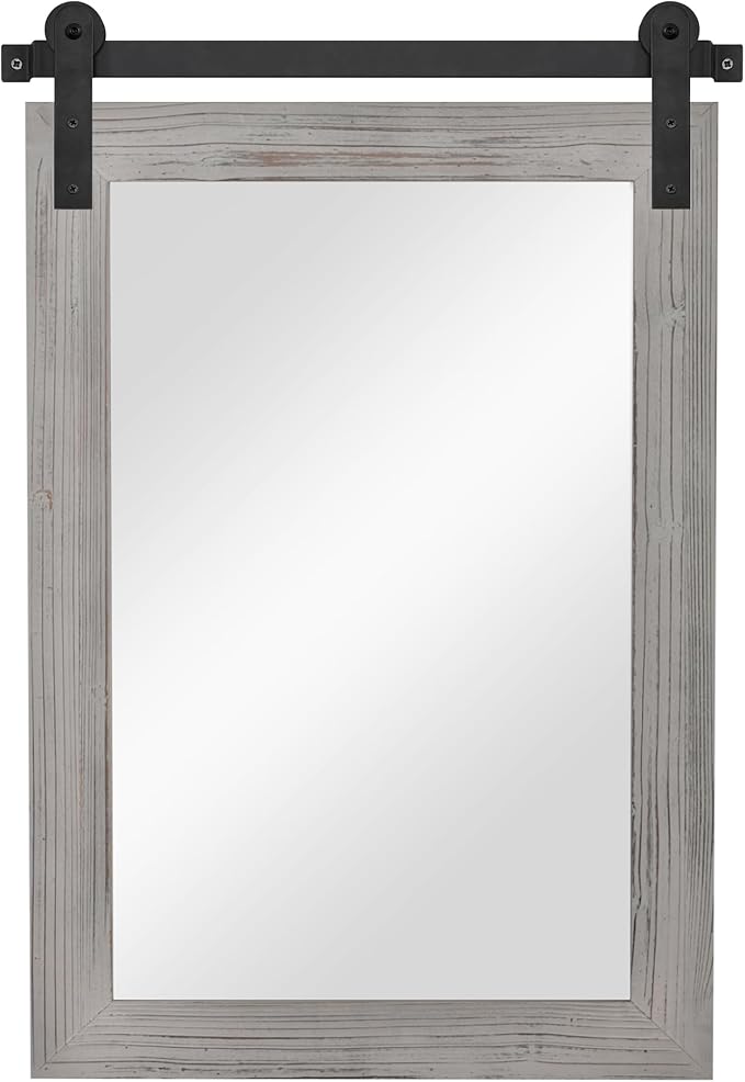 COGOOD Farmhouse Barn Door Mirror - 26 x 17 Grey | Rustic Wood Framed Vanity Mirror for Entryway, Living Room, Bedroom, Bathroom Wall Decor