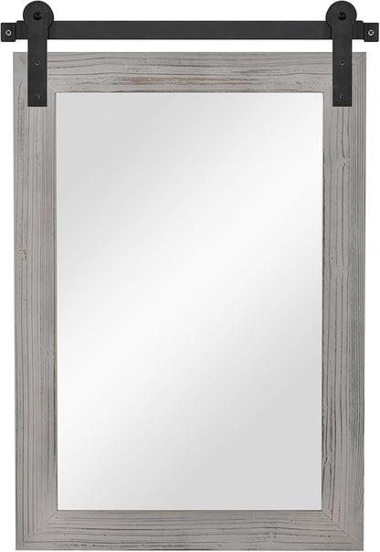COGOOD Farmhouse Barn Door Mirror - 26 x 17 Grey | Rustic Wood Framed Vanity Mirror for Entryway, Living Room, Bedroom, Bathroom Wall Decor