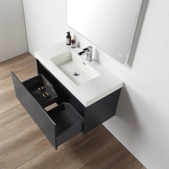 Blossom 36 Inch Bathroom Vanity with Sink and Side Cabinet, All Wood Floating Bathroom Vanity with Acrylic Sink, Bathroom Sink Cabinet with Soft-Close Drawer, Modern Style Vanities, Night Blue