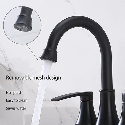 Lead-Free Matte Black Bathroom Sink Faucet, 2 Handle 4 Inch Centerset Faucet, Modern 360° Swivel High-Arc Spout Bath Lavatory Vanity Faucets for Sinks with Drain & Water Hoses, VALZST049B