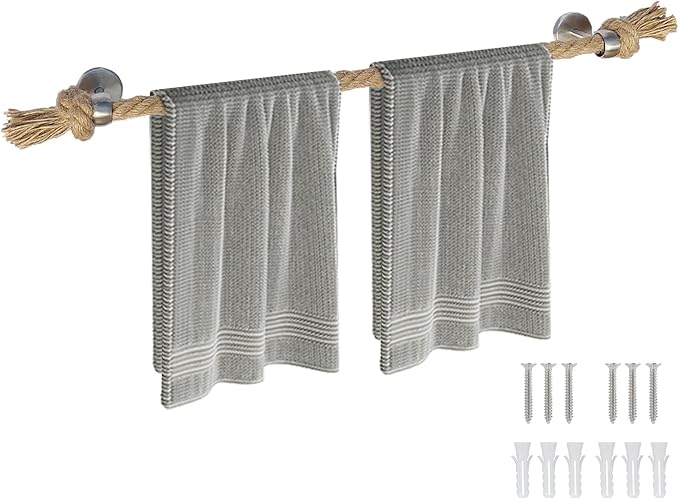 Nautical Rope Towel Holder - Coastal Towel Rack with Knot Bathroom Decor Wall Mount Towel Bar Bathroom Accessories, Rustic Silver Stainless Steel 26''