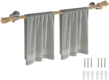 Nautical Rope Towel Holder - Coastal Towel Rack with Knot Bathroom Decor Wall Mount Towel Bar Bathroom Accessories, Rustic Silver Stainless Steel 26''