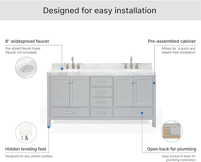 ARIEL Cambridge 72-inch Bathroom Vanity with Sink,Solid Wood, 2-inch Italian Carrara Marble Countertop & Backsplash, Double Oval Porcelain Sink, 4 Soft Closing Doors, 6 Dovetail Drawers, Grey