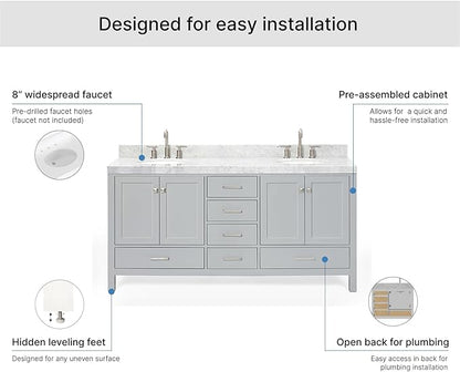 ARIEL Cambridge 72-inch Bathroom Vanity with Sink,Solid Wood, 2-inch Italian Carrara Marble Countertop & Backsplash, Double Oval Porcelain Sink, 4 Soft Closing Doors, 6 Dovetail Drawers, Grey