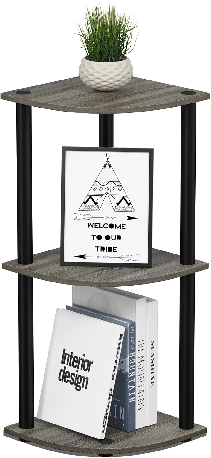 Furinno Turn-N-Tube Toolless Assembly 3-Tier Corner Shelf, Corner Book Shelf, Open Shelves Bookshelf, for Organization and Storage, Living Room, Home Office, Bedroom, Grey Oak