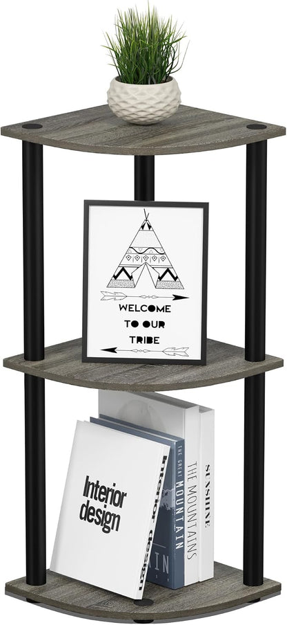 Furinno Turn-N-Tube Toolless Assembly 3-Tier Corner Shelf, Corner Book Shelf, Open Shelves Bookshelf, for Organization and Storage, Living Room, Home Office, Bedroom, Grey Oak