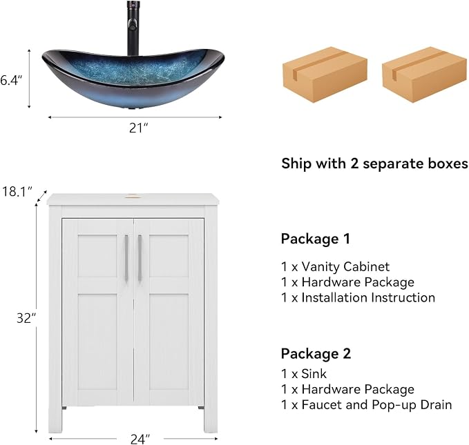YOURLITE 24" Bathroom Vanity with Sink, White Bathroom Vanity and Sink Combo with Faucet & Pop Up Drain Set,Traditional Vanity with Blue Glass Bowl Bathroom Sink